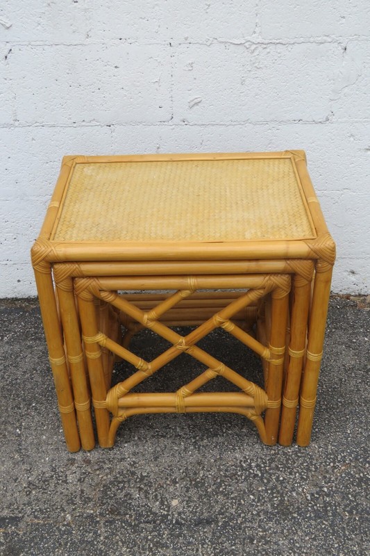 Hollywood Regency Bamboo Rattan Nesting Tables Set of Three 5880 gallery