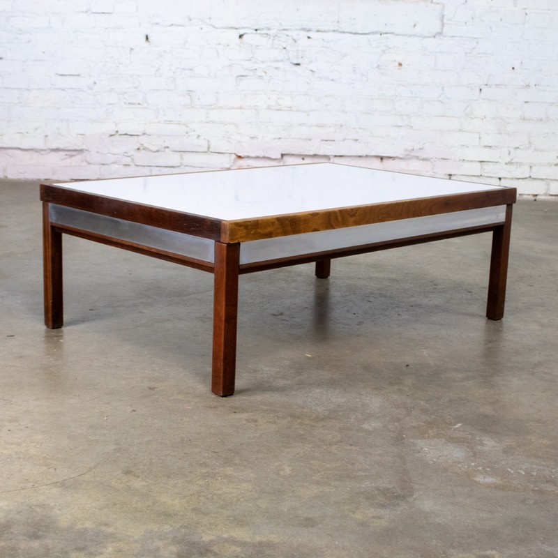 Mid-20th MCM Coffee or End Table Rectangular Walnut Frame & White Laminate Top gallery