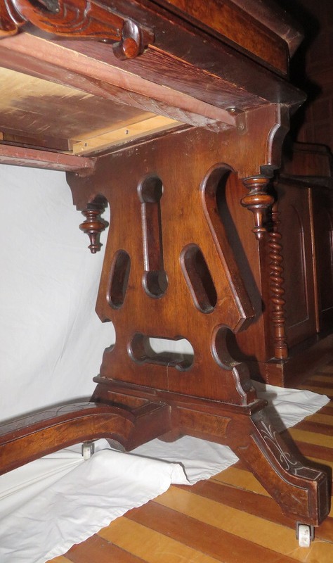 Victorian Renaissance Revival Library Desk Table - Burl Wood, Drawer w/Lock gallery