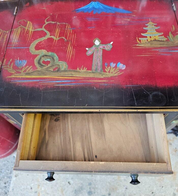 Antique Chinoiserie Painted Martha Washington Sewing Cabinet Stand gallery