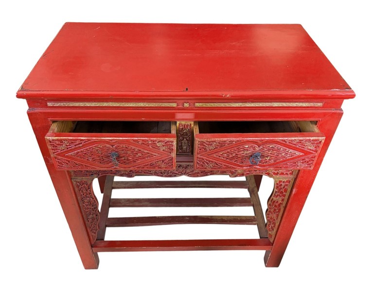 #217 Vintage Chinoiserie Red Lacquer Console Table 33.5" W gallery