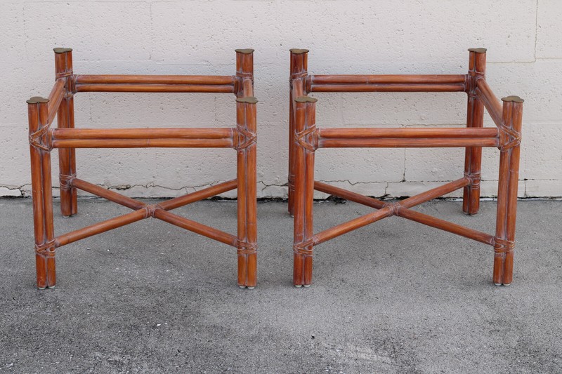 Authentic Rare Marked McGuire Natural Bamboo Rattan Accent Table Bases Brass Cap gallery