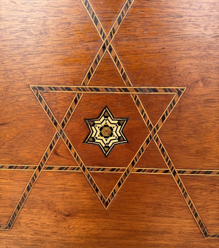 Unique Antique Arts & Crafts Tilt-Top Anglo-Moorish Inlay Cricket Table, 1890 gallery