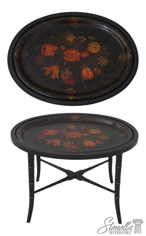 72112: Vintage Black And Gold Toleware Tray Top Table