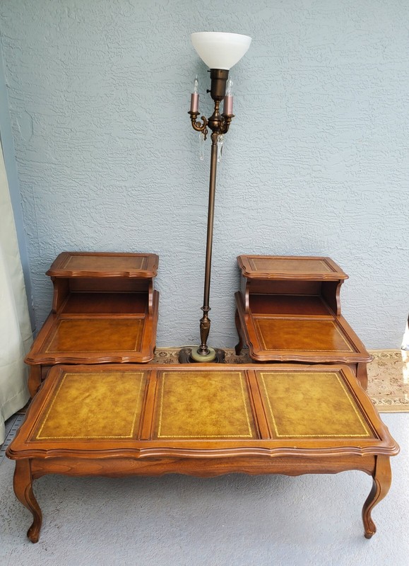 Vintage Coffee Table & 2 End Tables Leather Top Chippendale Henredon Style 8424