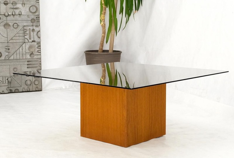 Teak Cube & Brass X Base Danish Modern Bronze Smoked Square Glass Coffee Table gallery