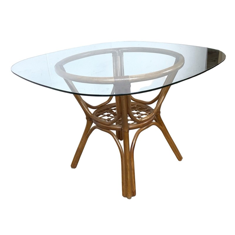 Vintage 1970s 1980s Rattan Dining Table Sculptural Base & Rounded Square Glass