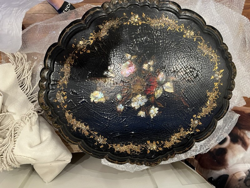 Antique Victorian Paper Mache&Mother of Pearl Inlaid Tilt Table TOP ONLY 4 Parts gallery