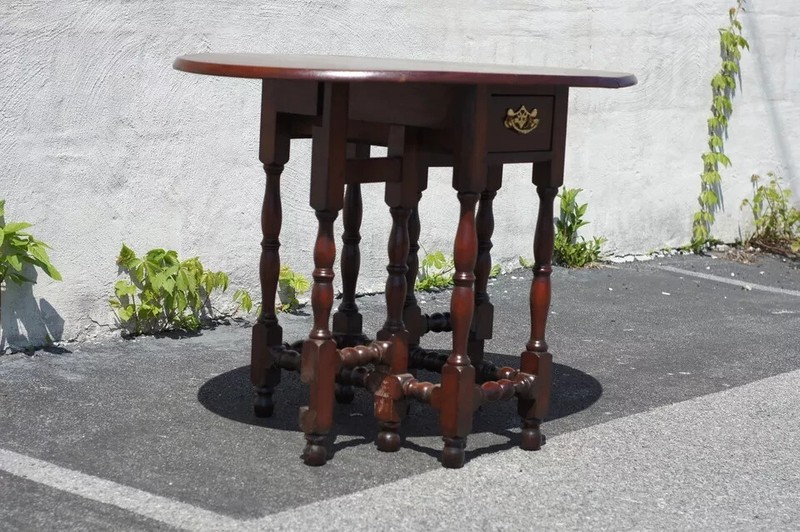19th C English Jacobean Walnut Drop Leaf Table, Foldable Dining Side Table gallery