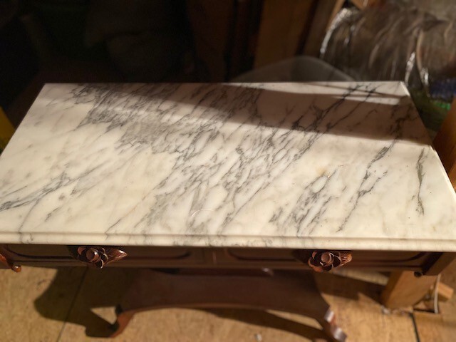 ANTIQUE HAND CARVED MAHOGANY ROSE LYRE HARP ITALIAN MARBLE ACCENT TABLE gallery