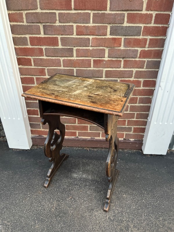 vintage wood Table Desk With Lyre trestle Legs 29”x19”x13” gallery