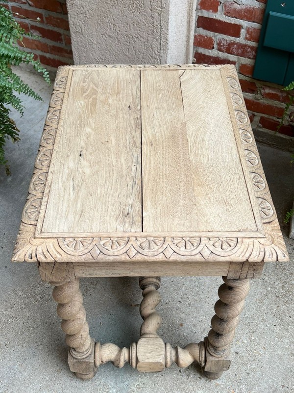 Antique French Side Table Barley Twist Bleached Carved Oak Nightstand Louis XIII gallery