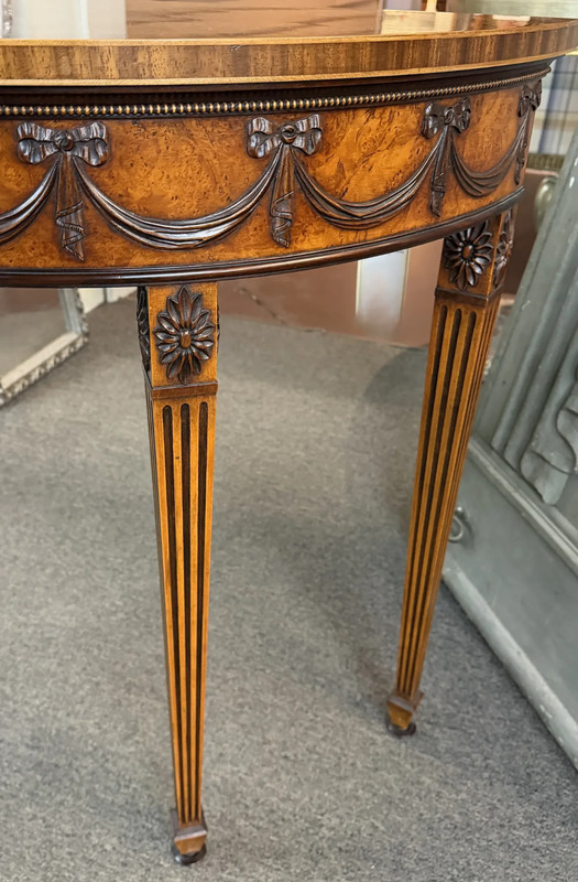 Adam Style Burled Walnut Demilune Table or Console with Banding & Ribbon Swags gallery