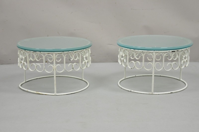 Arthur Umanoff Wrought Iron Scroll Low Round Glass Top Side Tables - a Pair gallery