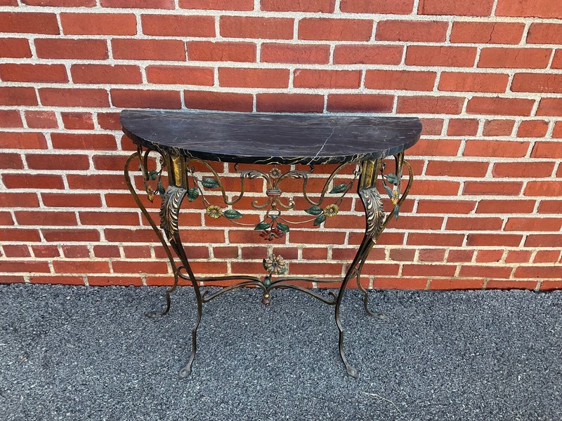 Vintage Marble Top Floral Iron Console Table