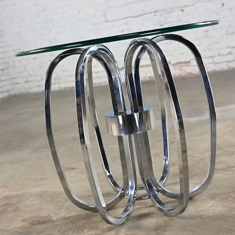 MCM to Modern End or Side Table Barrel Shaped Chrome Base & Round Glass Top gallery