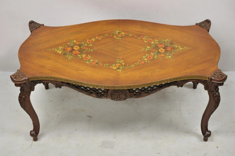 Vintage French Louis XV Style Walnut Coffee Table with Hand Painted Floral Top gallery