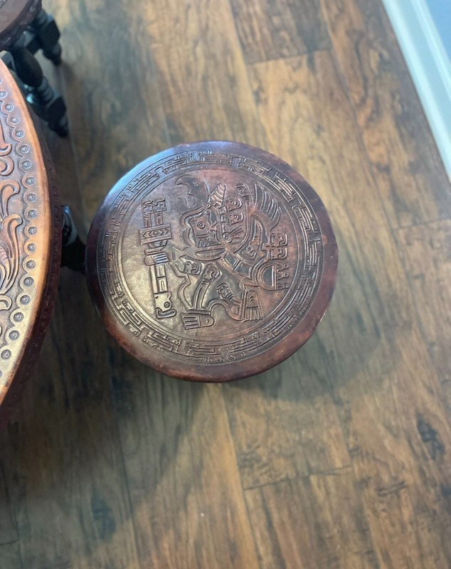 Rare Peruvian Hand Tooled Leather Wooden Coffee Table With 4 Stools Vintage gallery