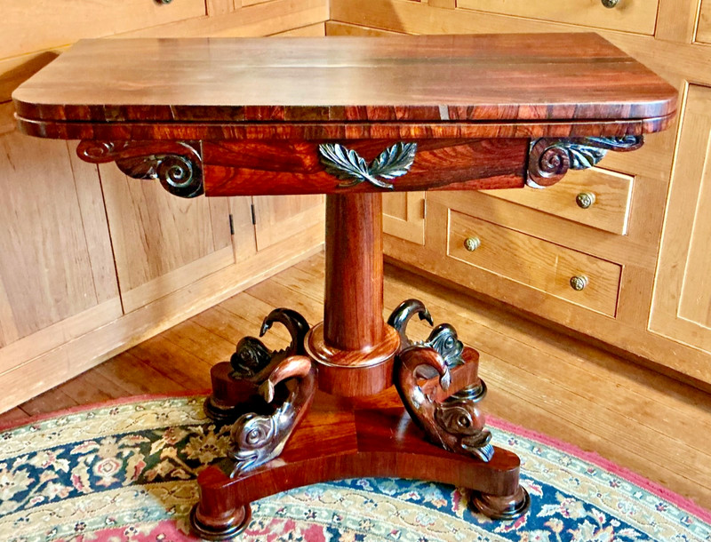 William IV Period Rosewood Game Table with Carved Dolphins Scrolls ca 1830 RARE
