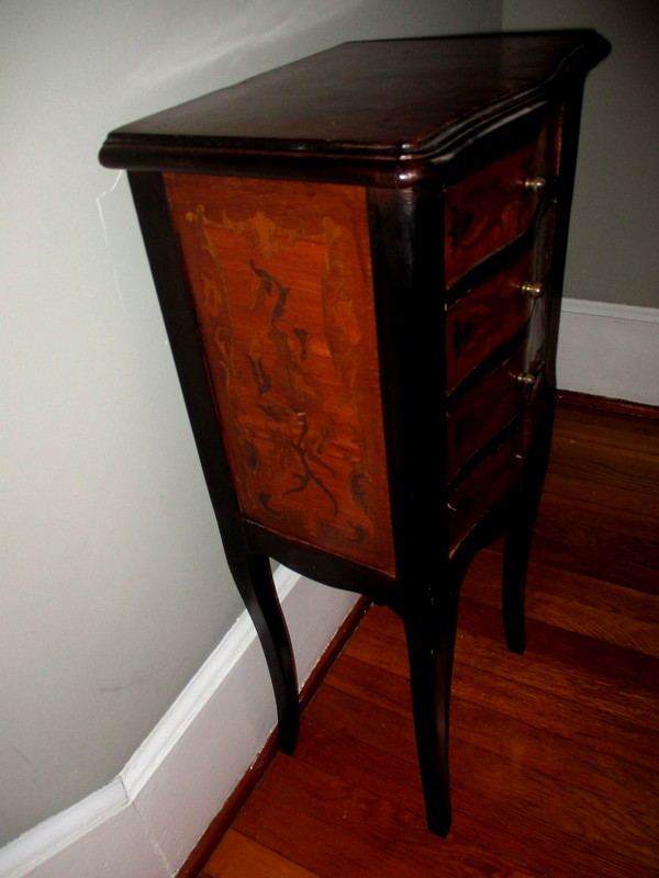 Antique French Walnut & Ebonized Marquetry 4 Drawer Accent / Bedside Table 31.5" gallery
