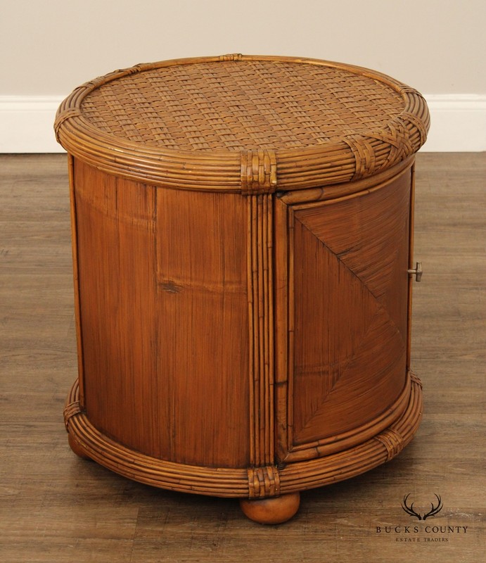 Bamboo and Rattan Circular Glass Top Drum Style Side Table gallery