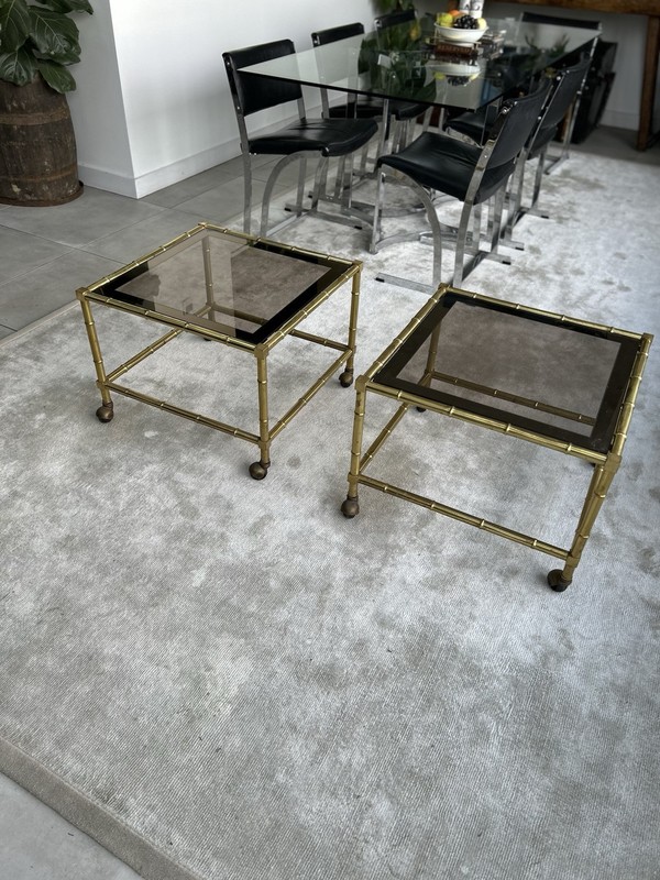 HOLLYWOOD REGENCY GOLDEN BAMBOO PAIR Of TABLE SET WITH 2 ON CASTORS 70’s gallery