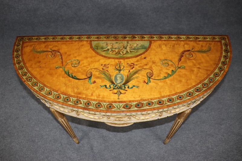 Spectacular Adams Paint Decorated Demilune Console Table with Puttis Cherubs gallery
