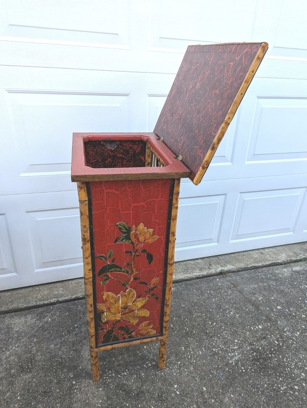 Vintage Edwardian Bamboo Stand Table Accent Display Bar Cabinet Red Floral RARE gallery