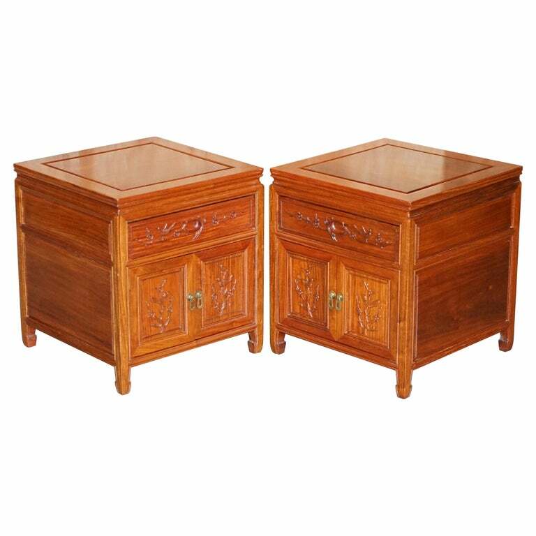PAIR OF ORIENTAL TEAK SIDE END LAMP WINE TABLES DRAWERS WITH BIRDS & FLOWERS