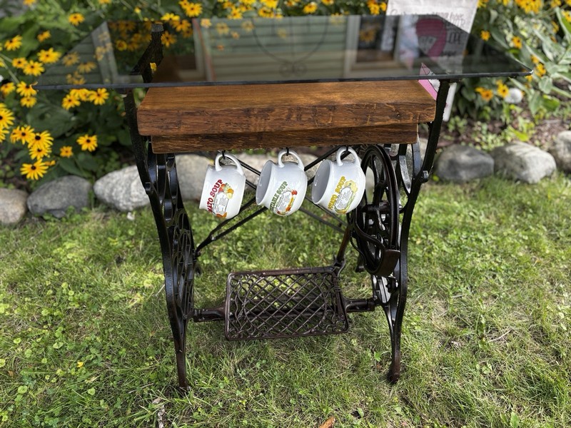 Vintage Treadle Sewing Table Glass Top w/ Mug Hooks Coffee Station Display Shelf gallery