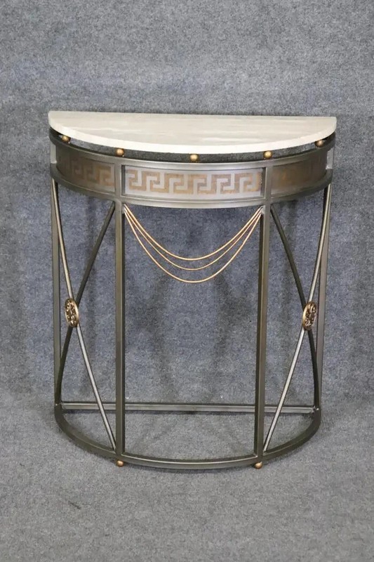 Unique Greek Key John Vesey Style Marble Top Steel Demilune Console Table gallery