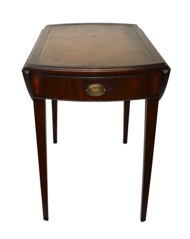 1940s Mahogany Pembroke Table Drop Leaves Gold Trimmed Leather Top and Drawer gallery
