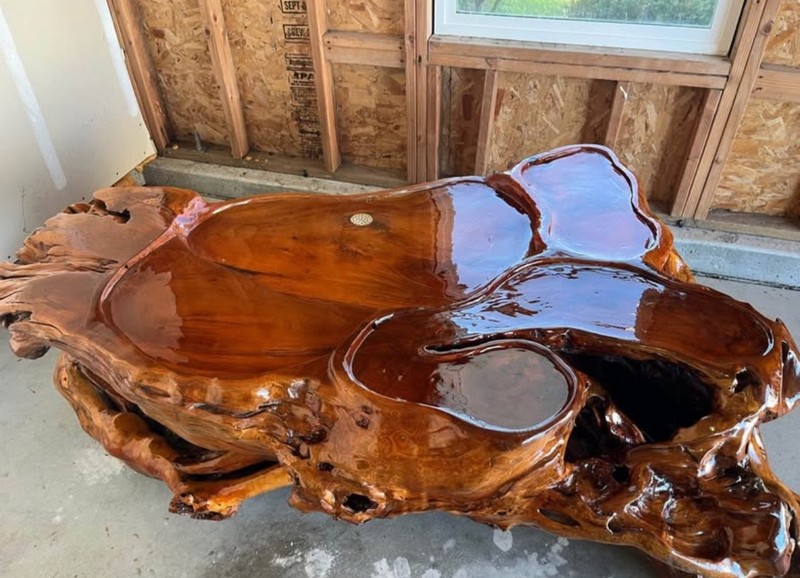 large ceremonial tea table with embedded rock gallery