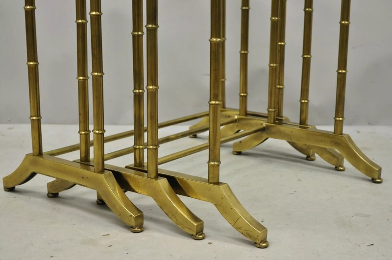 Mastercraft Hollywood Regency Brass Faux Bamboo Glass Top Nesting Side Tables gallery