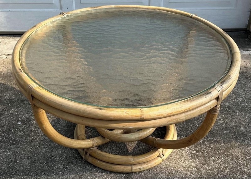 Bamboo and Rattan Round Glass Top Table by Far East Rattan Co. Pick Up Only! VTG gallery