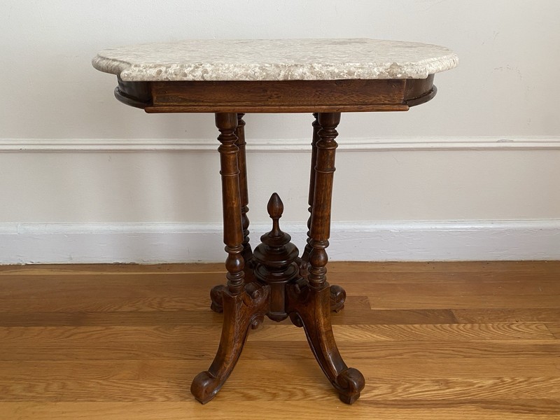 Antique Victorian Marble-Top Side Table — Carved Walnut Base, c. 1870s–1880s gallery