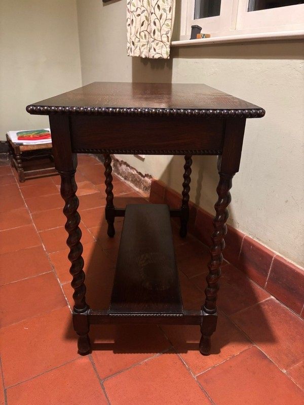 Antique Oak Side Table with Barley Twist Legs & Rare Lower Shelf gallery