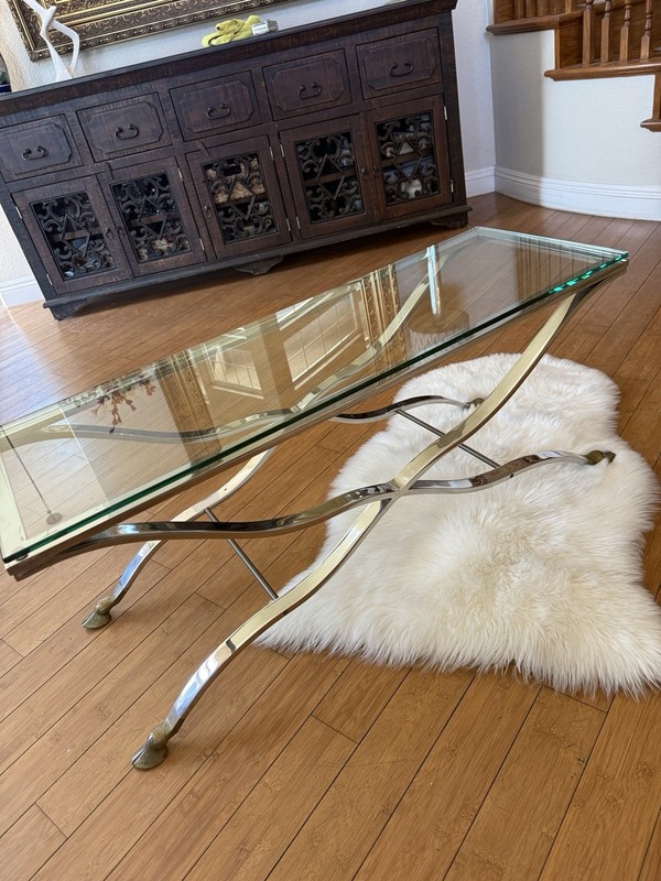Mid Century Modern Chrome Glass Top Coffee Console Table with Brass Hoof-Feet