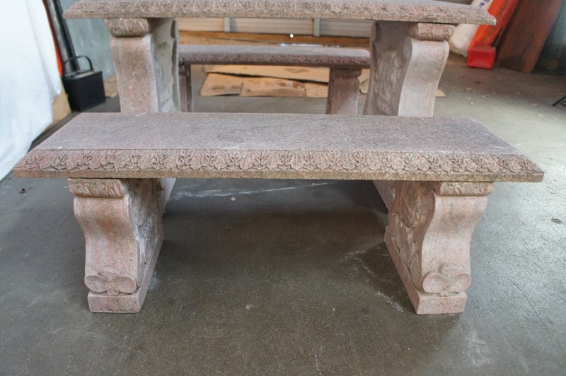 Vintage Italian Granite Carved Stone Outdoor Picnic Dining Table & Benches 50" gallery
