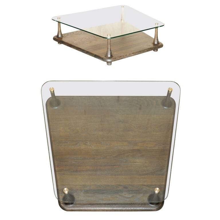 DECORATIVE DESIGNER GLASS & SEARED OAK TWO TIER COFFEE TABLE LOVELY PATINA