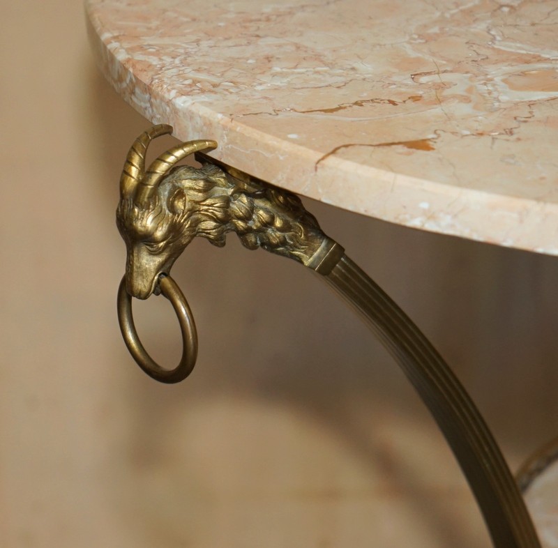 PAIR OF ANTIQUE FRENCH LOUIS XVI BRASS RAMS HEAD GUERIDON MARBLE TOP TABLES gallery