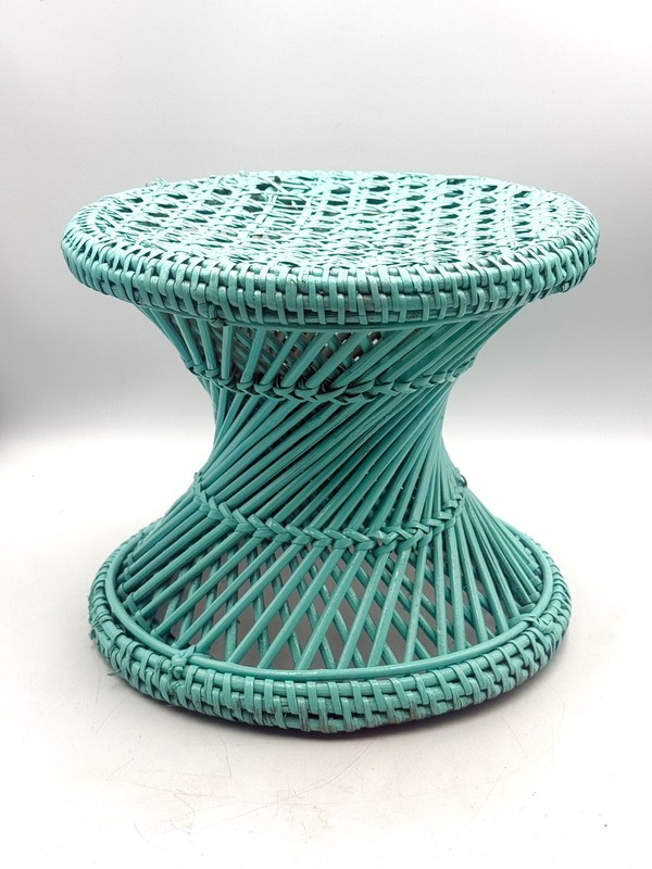 Vtg Turquoise Table Plant Stand Ottoman Stool Cane Rattan Wicker Woven Boho
