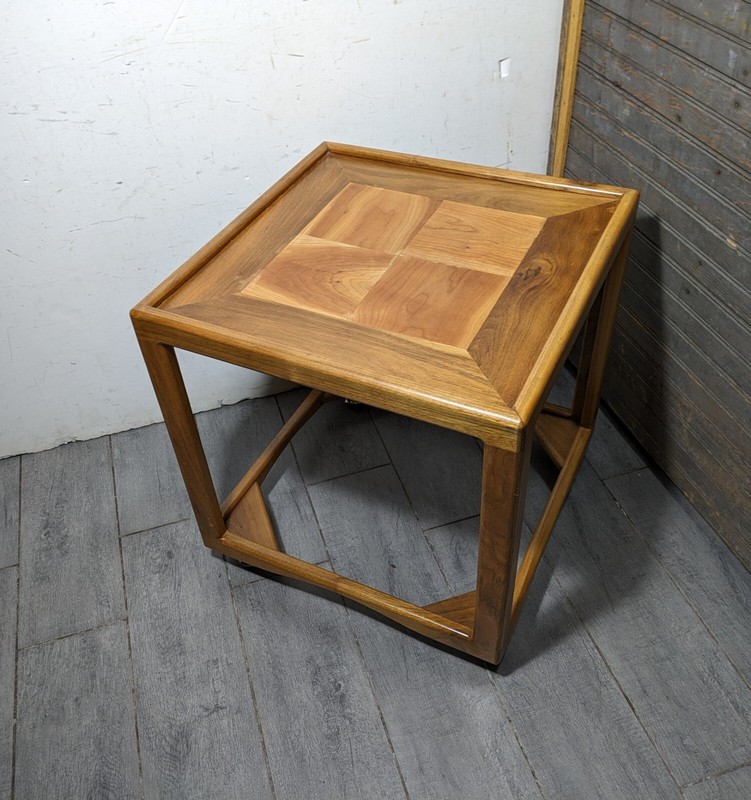 Vintage Pair of Mid Century Modern Square Cube Teak Wood Rolling End Tables gallery