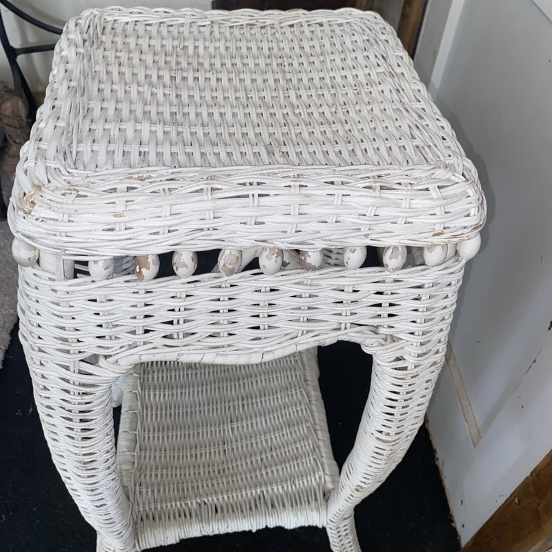 Vtg Wicker Rattan Plant Stand Boho Side Table Round Shabby White Wood Beads 28” gallery