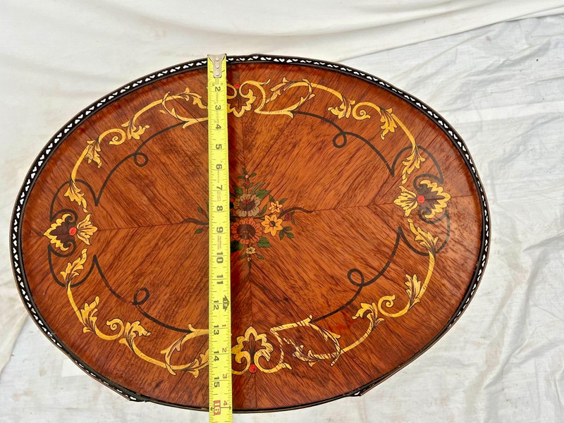 French Oval Table Entry Stand Shelf Drawer Geometric Inlays Hand painted Floral gallery