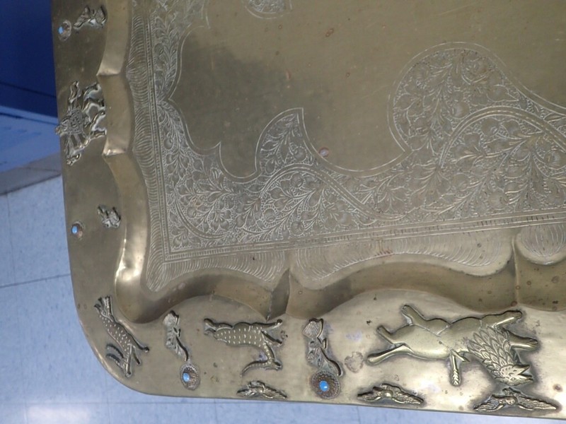 MCM Ornate Brass Tray Table w/ Spider Leg Base 47x23 Raised Animals Border Boho gallery