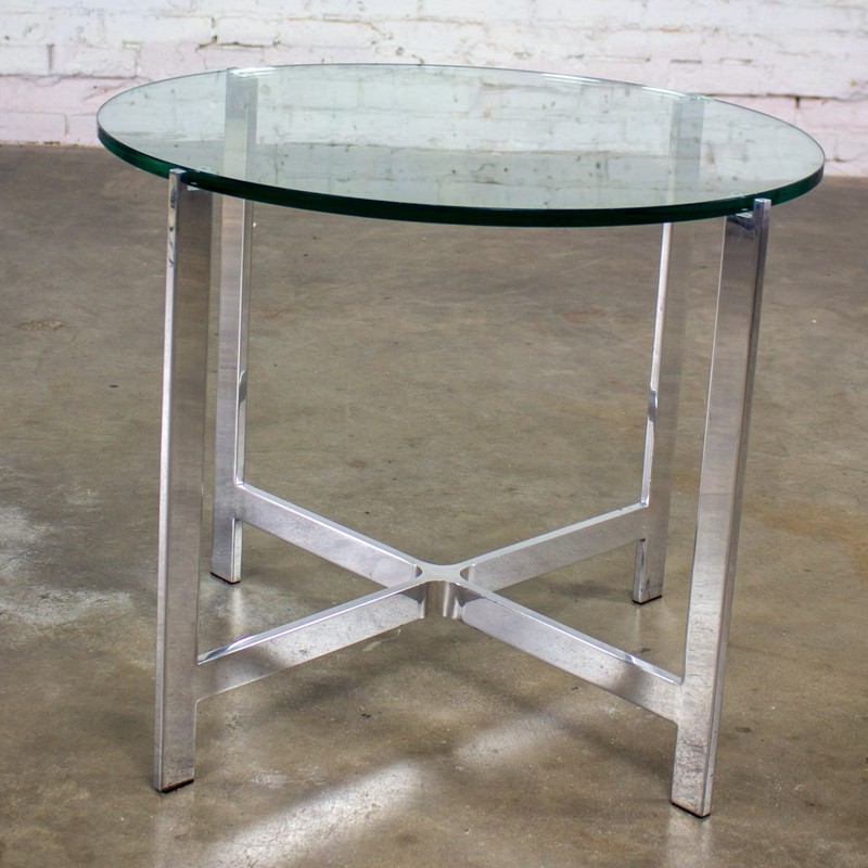 MCM to Modern End or Side Table Polished Solid Aluminum Base & Round Glass Top gallery