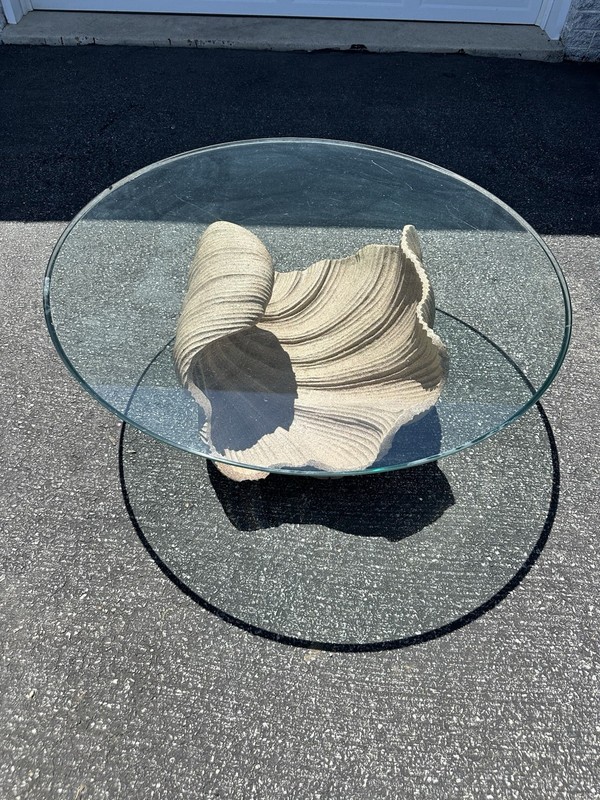 Vintage Clam Shell Coffee Table With Glass Top Coastal