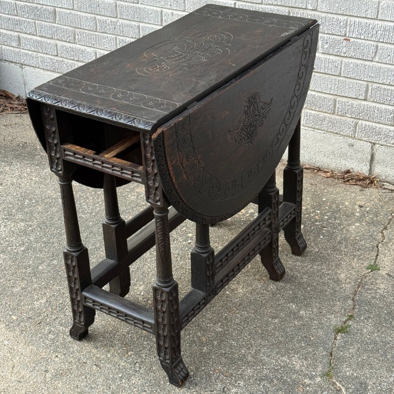 Antique Solid Hardwood Drop Leaf Table w/ Drawer, Carved Oak ,Tudor Style gallery