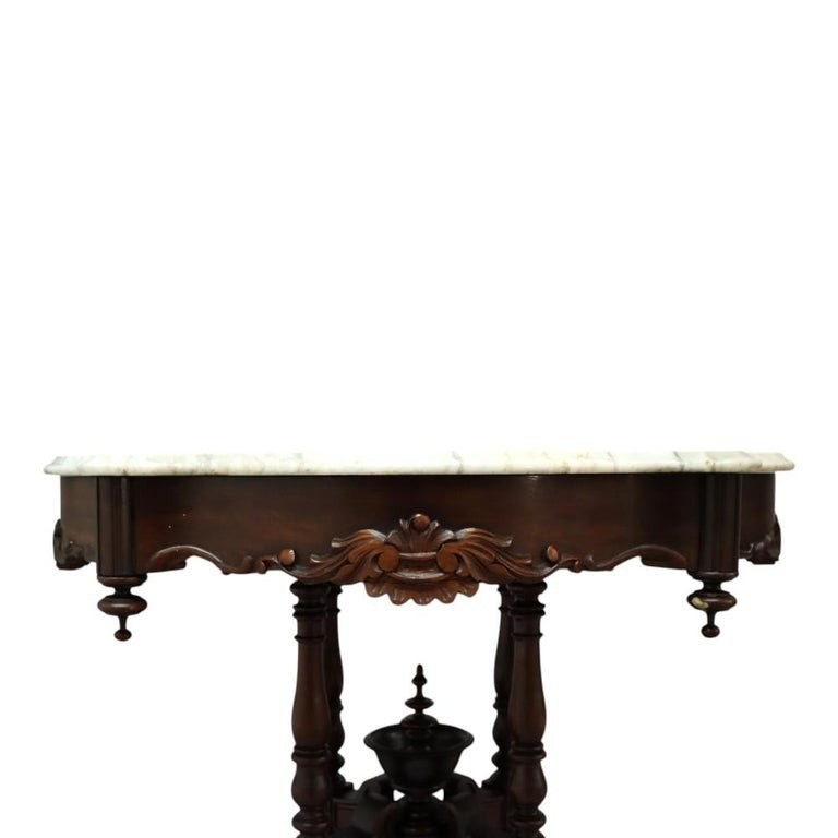 Renaissance Revival Carved Walnut & Marble Turtle Top Table c1890 gallery